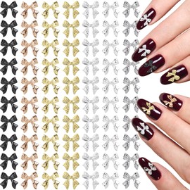HINZIC 70Pcs Bow Nail Charm, Gold Silver Black Bowknot Nail Rhinestones, Alloy Glitter Acrylic Gems, Wedding Prom Valentines Jewelry Decoration for Women