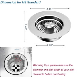 2025 Upgraded 304 Sink Strainer, 3 IN 1 Kitchen Drain Stopper, Universal Sink Protector Cover, Adjustable Filter Fits US Standard 3-1/2'' Drain Hole, Anti-Clogging, Silver