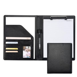 Black Portfolio Organizer, Leather Portfolio for Men, Business Binder with Pen Holder, Resume Portfolio Folder, Clipboard Folder for Notebook, Padfolio Clipboard Included Pen and Notepad (Black)