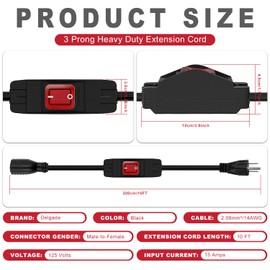 Delgada 10Ft Extension Cord with Switch ON/Off Waterproof Outdoor Power Cord with Switch 14 AWG UL Listed 15A 125V Heavy Duty 3 Prong Black Inline Cord On Off Switch