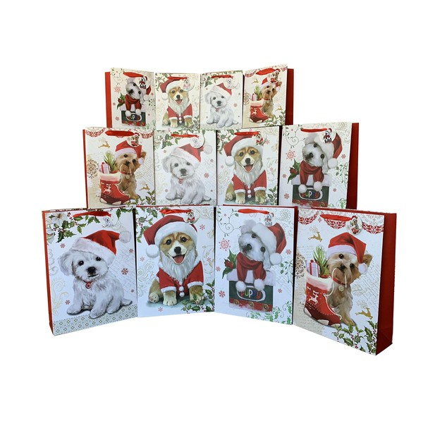 Christmas Santa Puppy Gift Bags - Set of 12, Cute Dogs, Four Designs, Three Sizes, Double Sided, Cord Handles, Heavy Duty Gift Wrap