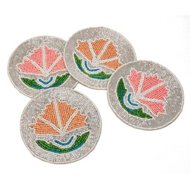 URBANHUT Coasters for Drinks or Coffee Table, Dining Coaster Set for House & Office Décor Essentials, for Farmhouse - Living Room - Kitchen, Maple Leaf - 4" Round Beaded - Set of 4.