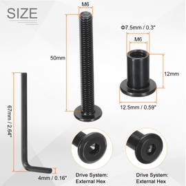 sourcing map 10Sets M6x50mm Hex Drive Socket Cap Bolt and M6x12mm Nuts with Hex Wrench, Furniture Connector Bolts and Screws for Furniture Countersunk Belt, Black