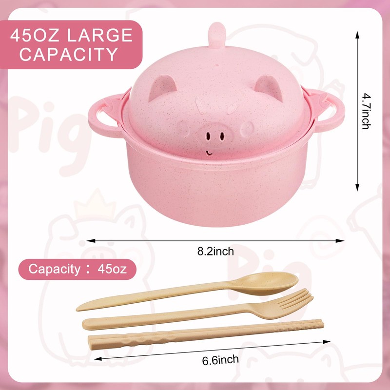 Romooa Large 45oz Cute Ramen Bowl Set Microwavable Pig Ramen