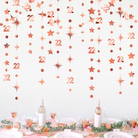 Rose Gold 22nd Birthday Decorations Number 22 Circle Dot Star Garland Streamer Bunting Banner Backdrop for Womens Feeling 22 Twenty Two Year Old Birthday Happy 22th Anniversary Party Supplies