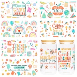 UV DTF Cup Wraps Transfer - 8 Sheets Boho Teacher Cup Wraps Sticker for 16 OZ Glass, Global, Book, Rurel, Coffee, Flower, Rainbow Design, Waterproof DIY Crafts, Thank You Teacher Gifts