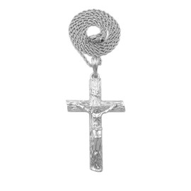 NYFASHION101 INRI Jesus Christ on Textured Cross Pendant with 2mm Rope Chain Necklace, Silver-Tone, 24"