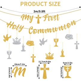 My First Holy Communion Banner, Glitter Pre-Assembled First Holy Communion Banner with 12pcs Hanging Decorations Adjustable Spacing Ideal Decorations for Religious Baptism Parties