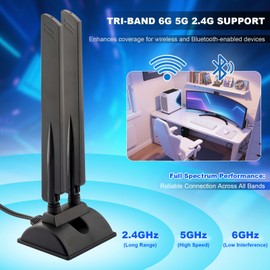 Kaunosta WiFi 6E Antenna Tri-Band 6GHz 5GHz 2.4GHz RP-SMA WiFi Antenna Magnet Mount Base for PC Desktop Computer Motherboard WiFi Bluetooth Card Wireless Router