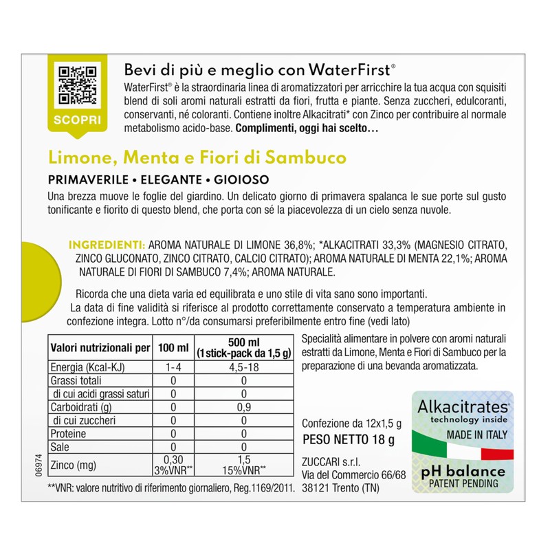 Zuccari WaterFirst Limone, Menta, Fiori di Sambuco, 12 Stick-Pack da