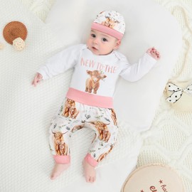 Omkzanbi New to the Herd Newborn Boy Girl Bodysuit Onesie Highland Cow Jogger Pants Hats Western Coming Home Cute Fall Outfit (Pink, 0-3 Months)