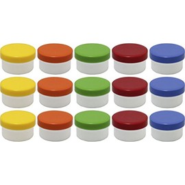 15 ointment containers, cream containers, flat ointment jars, 60 ml contents with coloured lids, made in Germany