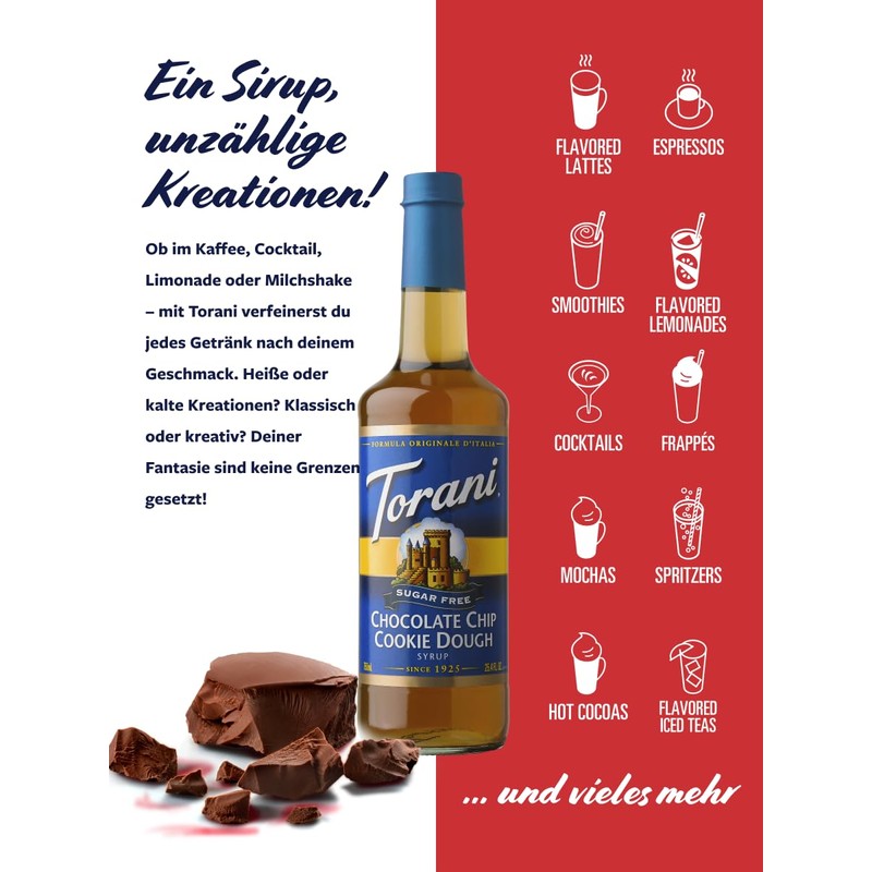Torani Sugar-Free Chocolate Chip Cookie Dough Drink Syrup, 750mL bottle
