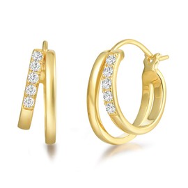 Hoop Earrings Wide Huggie Made of 925 Sterling Silver with Gold Plated with Sparkling Cubic Zirconia Jewellery for Women Girls - Diameter: 18 mm, Width 7 mm, Sterling Silver, Cubic Zirconia