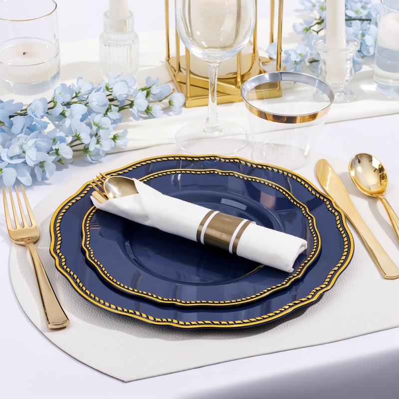 Hioasis 175pcs Blue Gold Plastic Plates - Gold Plastic Dinnerware