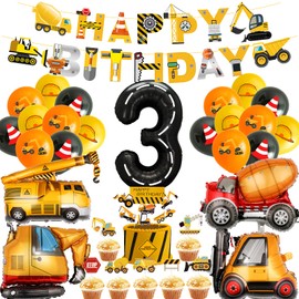 Digger Birthday Decoration 3 Years - 32 Pieces Construction Sites Happy Birthday Banner Crane Concrete Mixer Foil Balloons for Decoration for Children's Birthday Construction Site Birthday Baby Shower