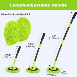 Loebelle Car Wash Brush with 40" Long Handle 15° Curved, Car Wash Kit with 2 Replaceable Chenille Car Wash Mop Heads, Wash Mitt, Sponge, Towel, Tire Brush, Cleaning Tools for Cars RV SUV Truck (Green)