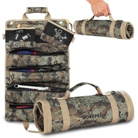 WORKPRO Roll Tool Bag with Detachable Pouches, Heavy Duty Organizer - 6 Pockets, for Mechanics, Electricians, Plumbers & Carpenters - Camo