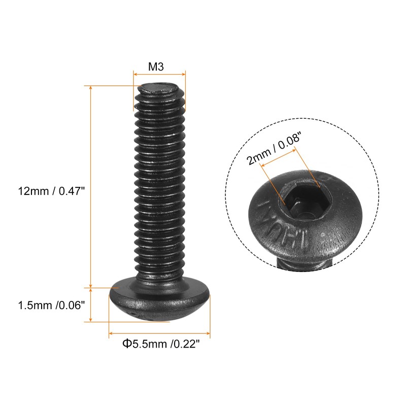 sourcing map M3x12mm Hex Socket Button Head Cap Bolts Screws
