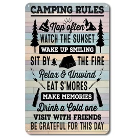 QYAYIK Camping Rules Sign, Funny Camping Wall Decor for Camper, Cabin, Rv Outside Inside Use 12 x 8 Inch