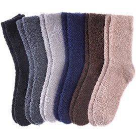 DYW Mens Fuzzy Slipper Socks Super Soft Cozy Fluffy Winter Warm Sleeping Socks (6 pairs Solid colors D,Large)