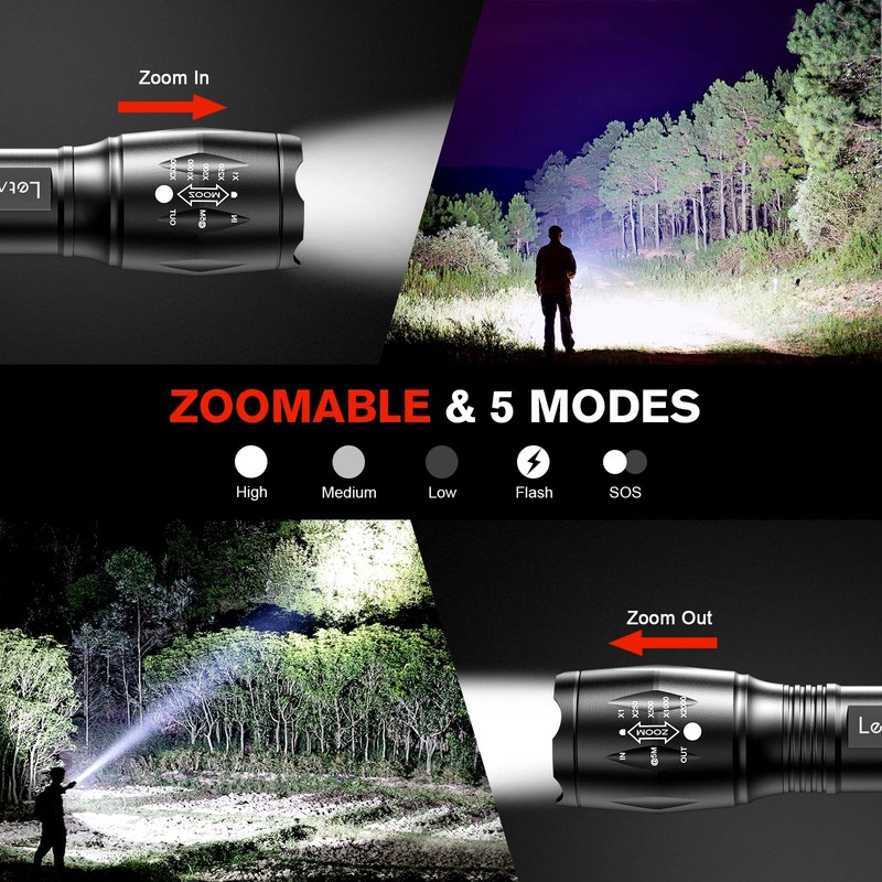 LETMY LED Tactical Flashlight S2000 [4 Pack] - High Lumens,