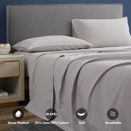 DAPU Linen Sheets Set Solid Color, Soft Breathable Sheets Set 4 PCs, Hypoallergenic French Linen Cotton Blend Bedding for Hot Sleepers(1 Flat Sheet, 1 Fitted Sheet and 2 Pillowcases) (Gray, King)