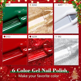 Shining She Semi-Permanent Nail Polish Christmas, 6 Colors Green Glitter Red White Gold Semi-Permanent Nail Polish Soak-Off UV, Suitable for Female Family Nail Art, 8ML