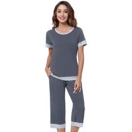 NACHILA Women's Pajamas-Viscose Made from Bamboo, Short Sleeve Pleated Pj Top Soft Capri Pant Pajama Set Cool Sleepwear, E-charcoal, Large