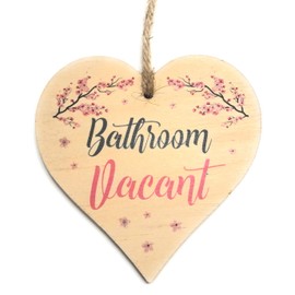 Engaged Vacant Bathroom Door Sign - Double Sided Wooden Heart Shaped Plaque – Decorative Cherry Blossom Design by Maisie Moo – Includes Hanging Twine