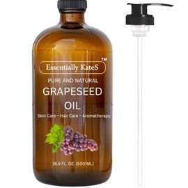 Essentially KateS Grapeseed Oil 16.9 Fl Oz - A Huge Glass Bottle with a Pump - 100% Pure and Natural, Cold Pressed, and Hexane-Free - Hair, Skin and Body