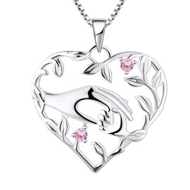 YL Mama Necklace 925 Sterling Silver Mother Holding Children's Hand, Pendant Necklace, Gifts for Mum, 925 Sterling Silver, pink