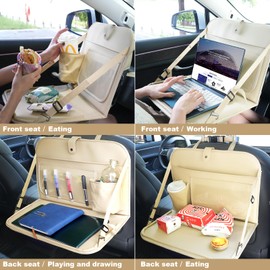GMQ Backseat Car Organizer with Detachable Steering Wheel Tray 1 Pack,Car Back Seat Laptop Desk, Multifunctional Office Bag,Back Seat Car Storage & Tablet Holder for Kids (Beige)