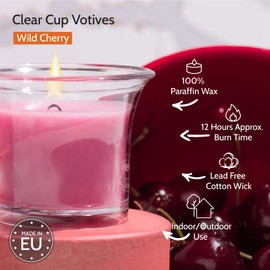 HYOOLA Clear Cup Scented Votive Candles - Wild Cherry - 12 Hour Burn Time - 4 Pack - European Made