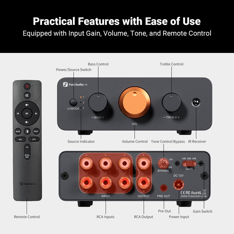 Fosi Audio P4 Mini Preamp with 3 RCA Inputs, Home