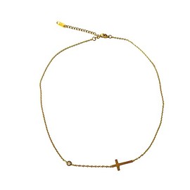 Women's stainless steel gold sideways cross necklace with gem (Gold, Stainless Steel)