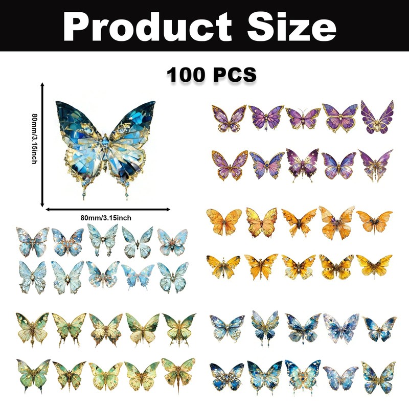 100PCS Holographic Butterfly Stickers, Glitter Iridescent 3D Butterfly Stickers, Sparkly