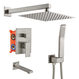 OUGOO Rainfall Shower System with Tub Spout, 10 inch Rain Shower and Handheld, Shower Faucet Set Complete Rough-in Valve and Trim Kit Included, Nickel Brushed