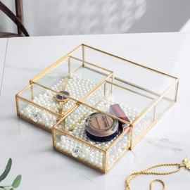 Antique Beauty Display Clear Glass 2 Drawers Palette Organizer, Cosmetic Storage, Makeup Container 2 Cube Jewelry Case Holder/Beauty Dresser Vanity Cabinet Decorative Keepsake Box