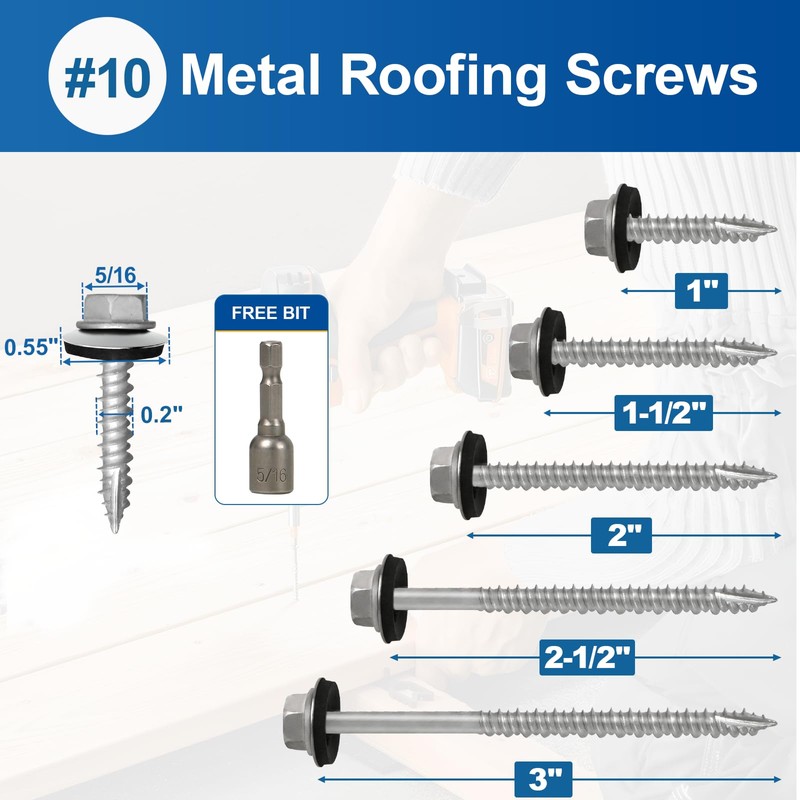 FMhotu Metal Roofing Screws #10×1Inch, 320-PCS, Hex Head Rustpert Coating