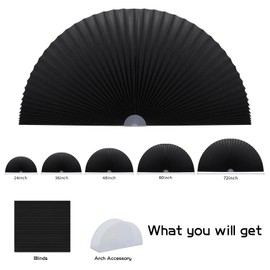 Jlong Arch Window Shade Blackout Half Circle Moon Pleated Fabric No Drill Blinds for Windows Semicircular Cellular Shades Half Round Window Covering Easy Install (1, Black, W*H: 48"x24"（Radius: 24"）)