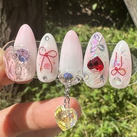 ❤️Guaranteed real product❤️Shining red heart handmade nail tips - round / ❤️실물 보장❤️빛나는 레드하트 수제네일팁 - 라운드