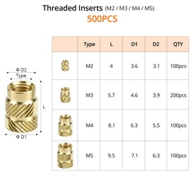 QWORK® 500pcs Assortment of Brass Threaded Inserts - Knurled Nuts M2/M3/M4/M5 for 3D Printing & Plastic Parts