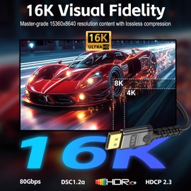 Herfair 16K DisplayPort-Kabel 2.1, DP Stecker auf Stecker, Draht 16K @ 60Hz, 8K @ 60Hz, 4K @ 144Hz, 2K @ 240Hz HBR3 unterstützt 48 Gbit/s, HDR, HDCP 2.2, FreeSync G-Sync, geflochtener Display-Port für