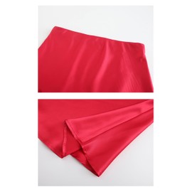 Mist Azur Womens Satin High Waisted Silky A-line Wedding Elegant Elastic Midi Skirt MA7302 (Red, L)