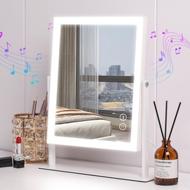 VANITII GLOBAL Vanity Makeup Mirror with Lights 9”x12” Hollywood Mirror with Music Speaker Dimmable 3 Color Lighting Light up Mirror with 10X Magnification 360 Degree Rotation for Bedroom Bathroom