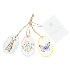 Talking Tables Easter Tree Hanging Decorations | Wooden Egg Decs Wooden Decs, Floral Design, Rabbit, Hand Illustrated, Ornament - 3 Pack, Mint