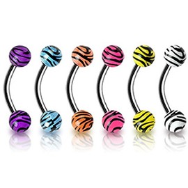 PiercedOff Multipack of 6 Curved Barbells with Tiger Print Acrylic Balls - Thickness 16GA (1.2mm) / Length 10mm / Ball Size 4mm