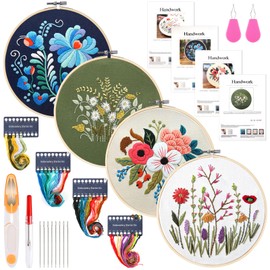 Pengxiaomei 4 Pack Flower Embroidery Kit for Beginners with Pattern and Instructions, Cross Stitch Kits Include 2 Wooden Embroidery Hoops Color Threads Needlepoint Kit for Adults