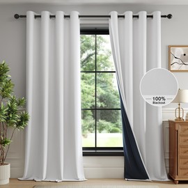 FMFUNCTEX 100% White Blackout Curtains for Bedroom, Linen Textured White Curtains 63 Inch Length Thermal Insulated Curtain for Living Room, Black Out Drapery Grommet Room Darkening 2 Panels